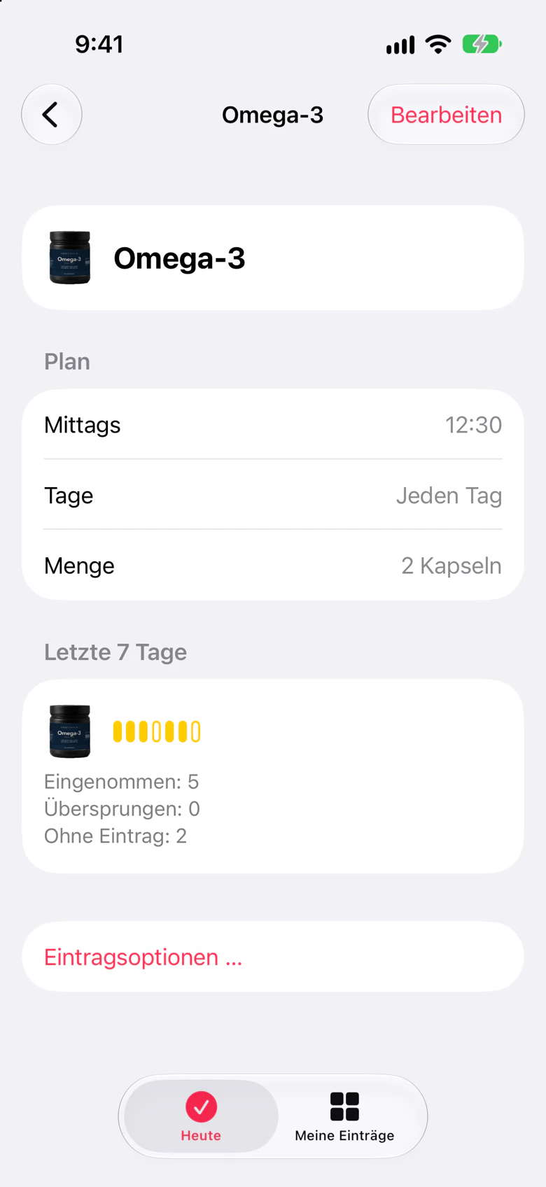 Die Seite eines Eintrags in Maru mit Zeiten, Menge und den letzten 7 Tagen.