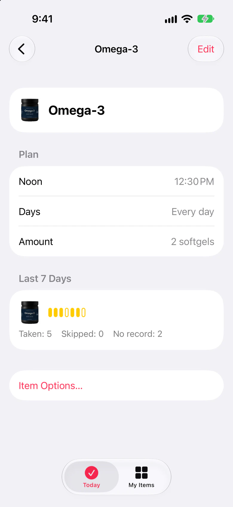 The page of one item in Maru with its times, its amount, and its last 7 days.