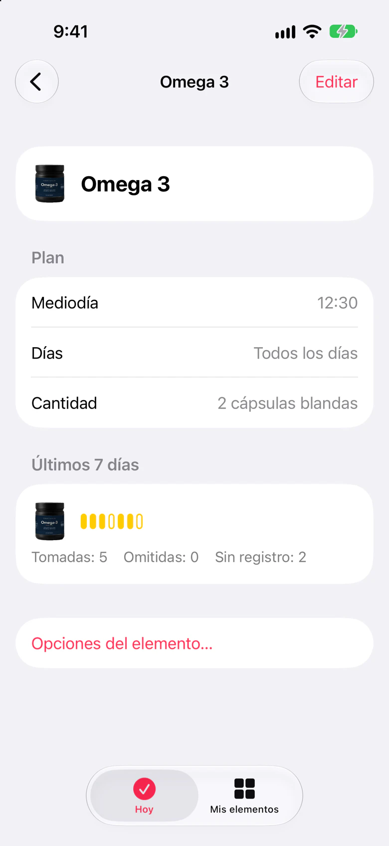 La página de un elemento en Maru con sus horas, su cantidad y sus últimos 7 días.